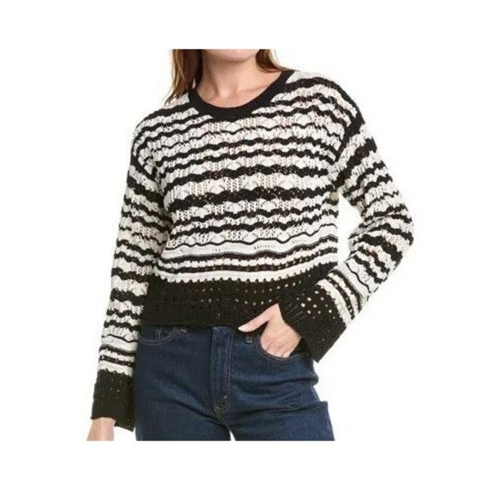Laundry by Shelli Segal Black White Striped Crochet Knit Sweater XL Boho Chic